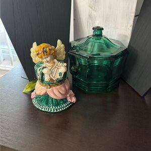 Vintage Decorative Angel Figurine trinket box with Harp - Green and Pink